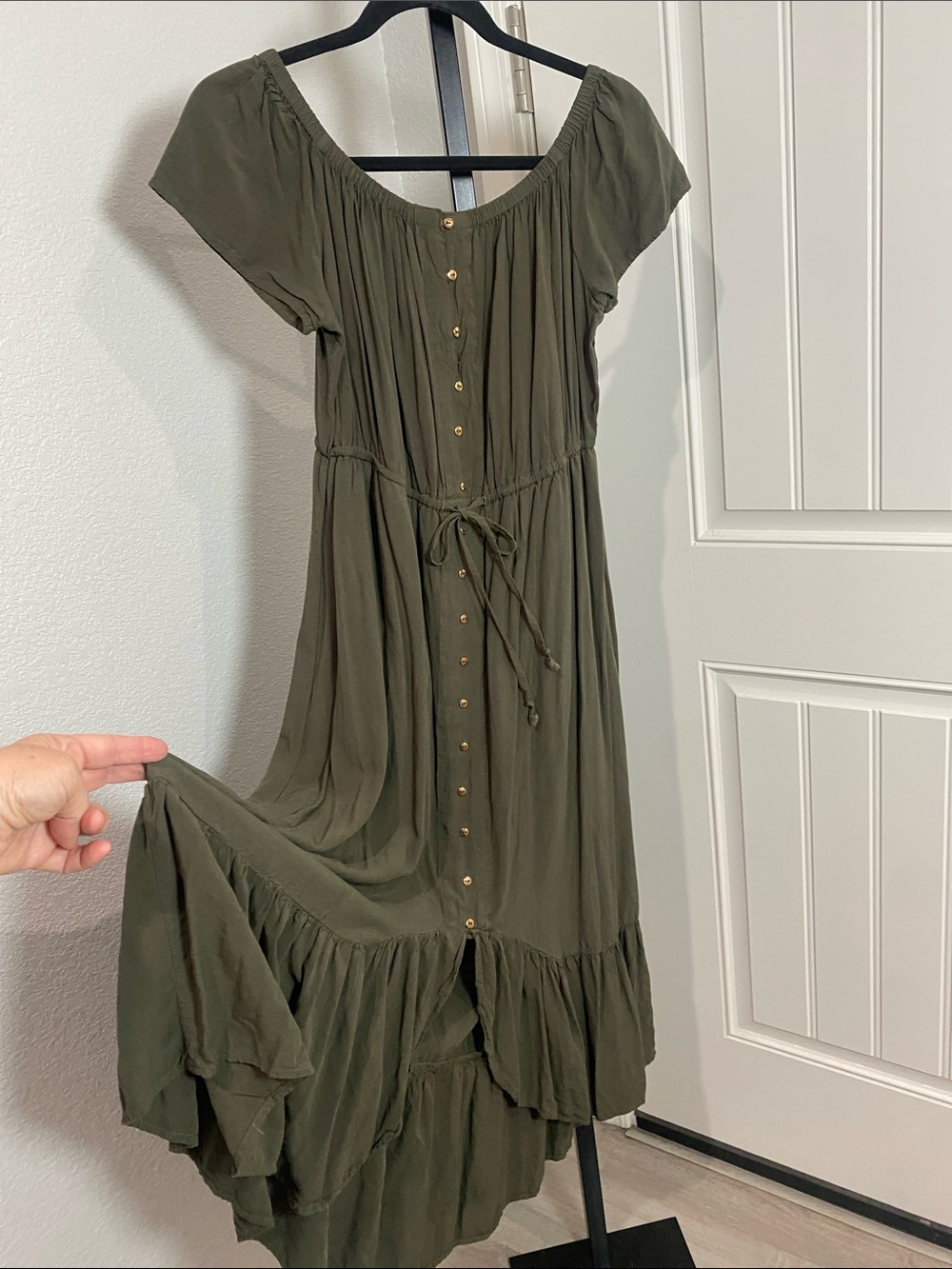 Button-Front Olive Maxi high low Dress with Tie Waist nwot